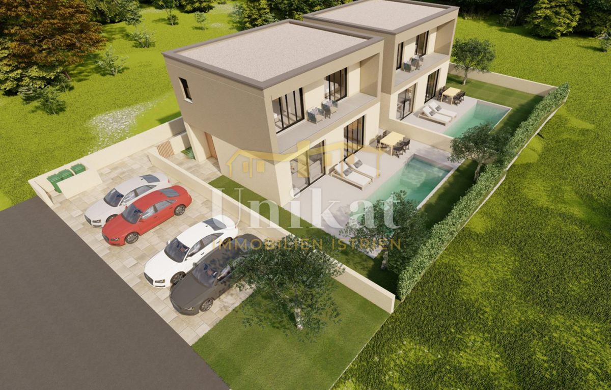 Progetto di nuova costruzione: casa bifamiliare con piscina, 2 camere da letto